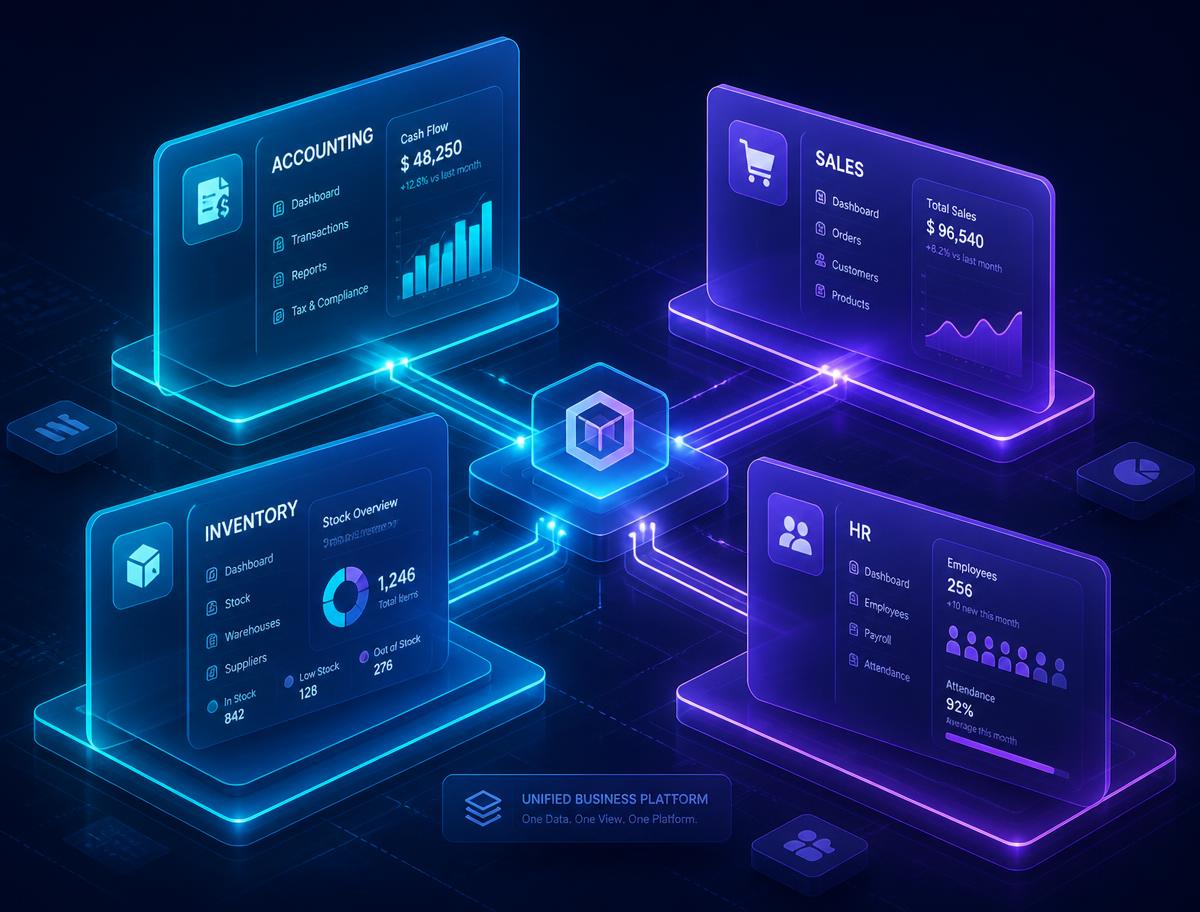 Ilustración isométrica de los módulos de KROMA-ERP conectados: contabilidad, ventas, inventarios y personal